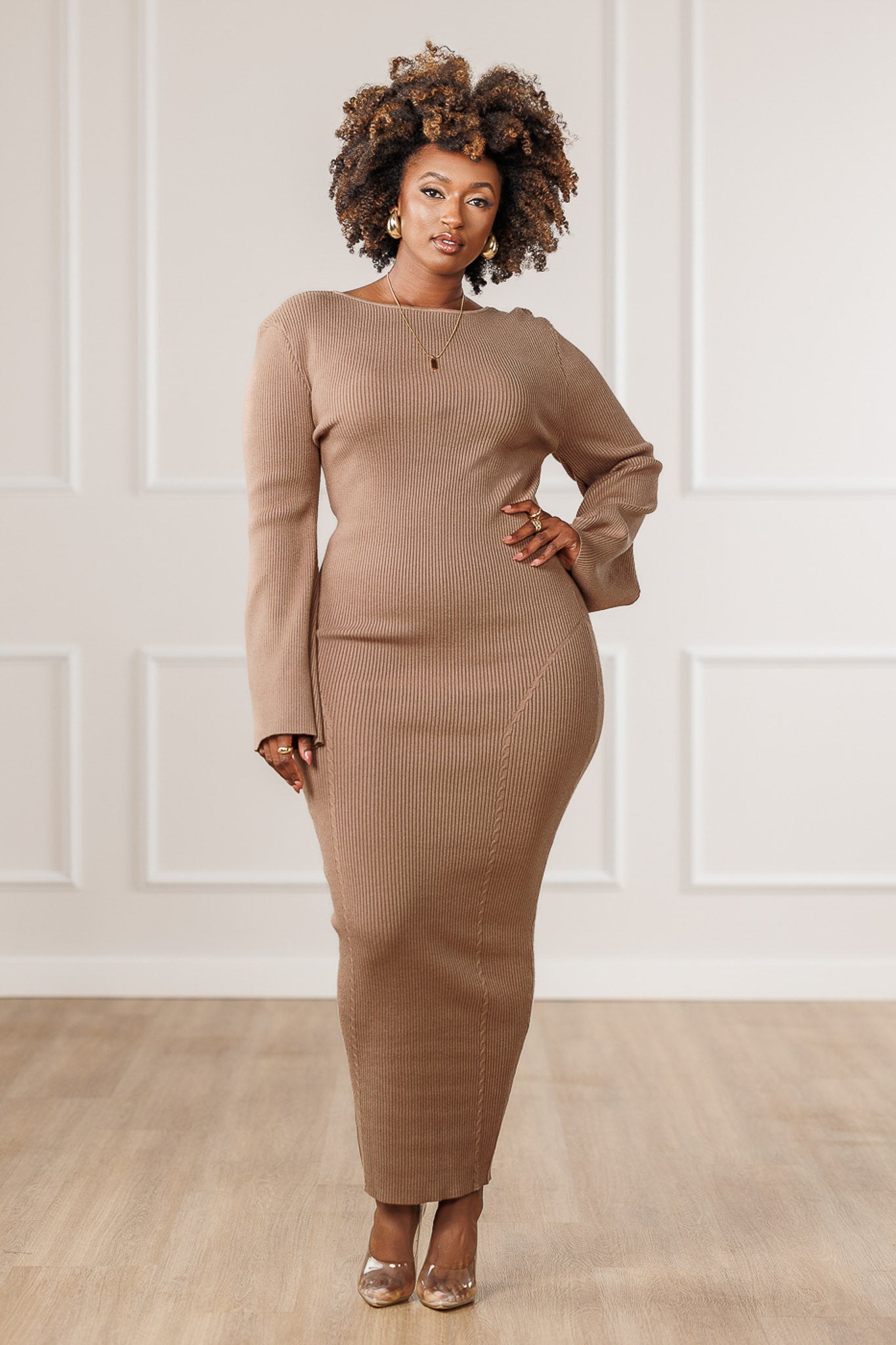 Eila Boat Neck Sweater Dress - Beige