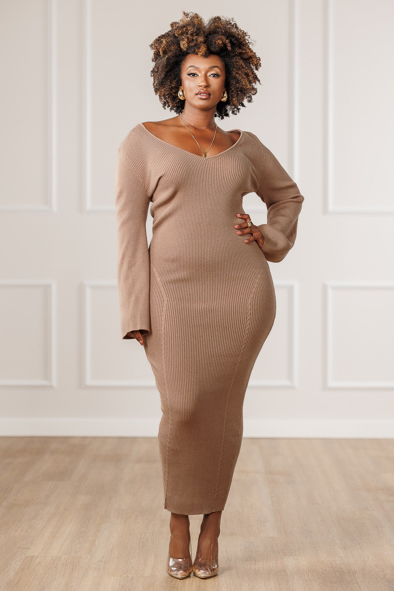 Eila Boat Neck Sweater Dress - Beige