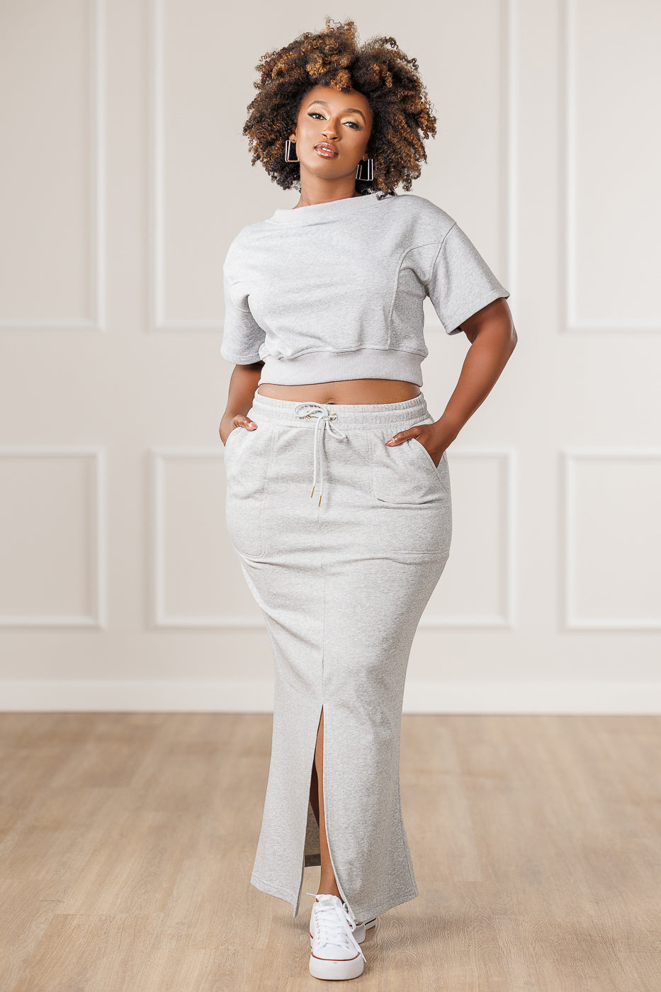 Ava French Terry Front Slit Skirt - Heather Grey