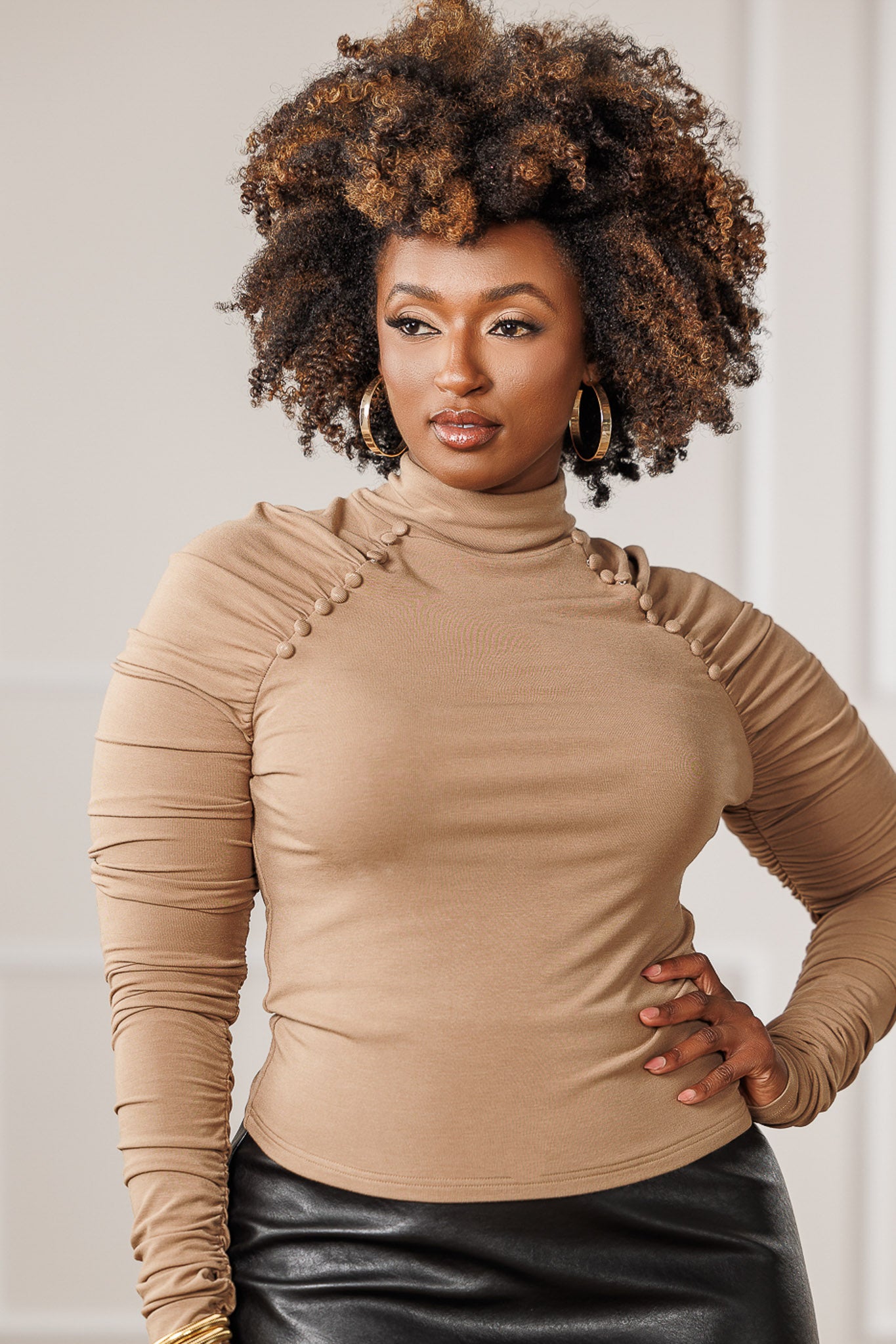 Abbey Ruched Sleeve Top - Taupe