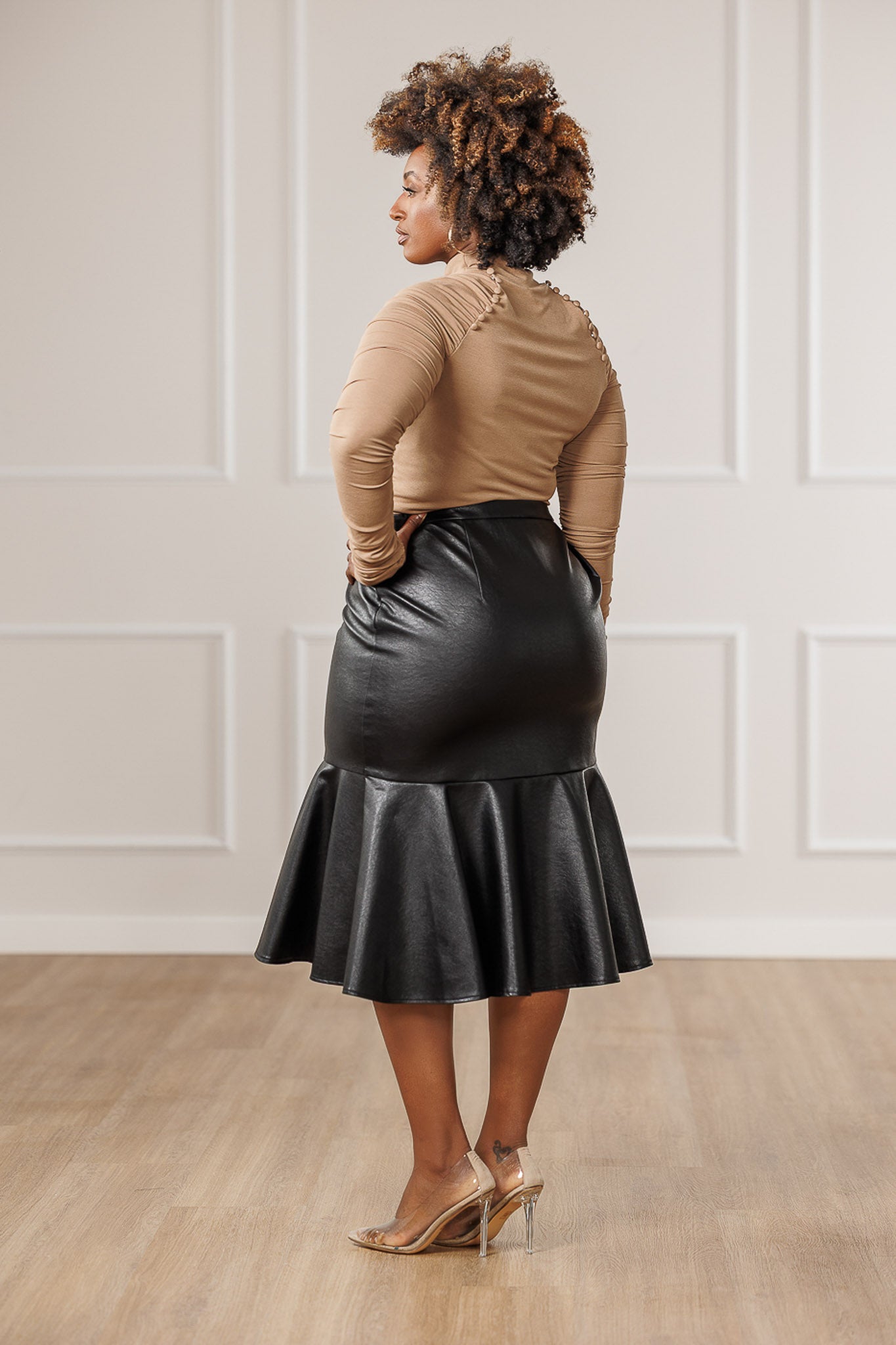 Allana Faux Leather Midi Skirt - Black