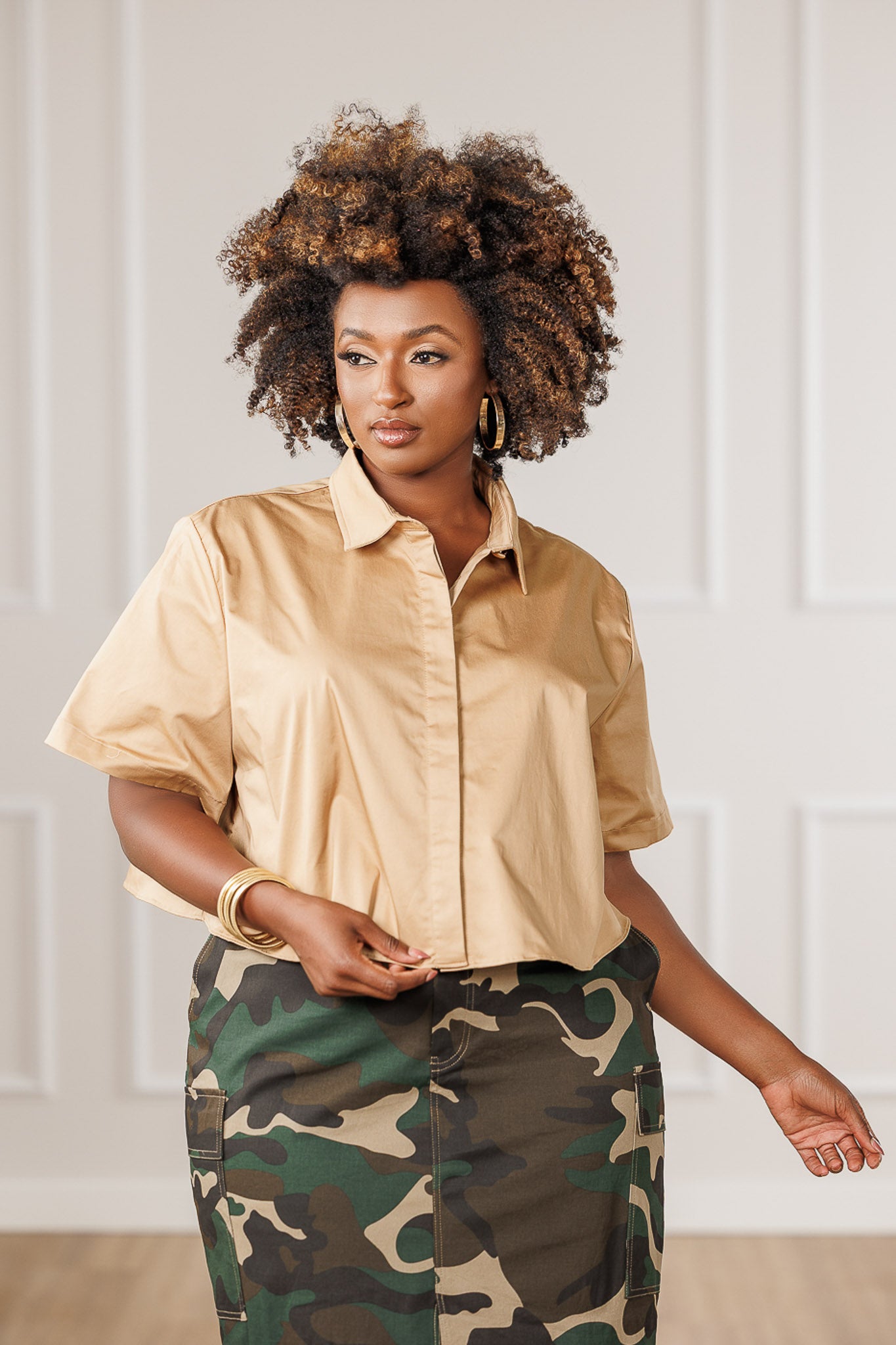 Justina Cropped Collared Top - Khaki