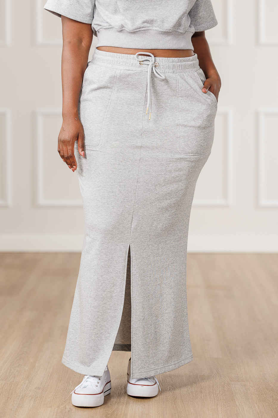 Ava French Terry Front Slit Skirt - Heather Grey