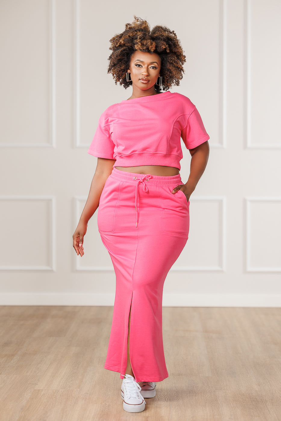 Ava French Terry Front Slit Skirt - Deep Pink