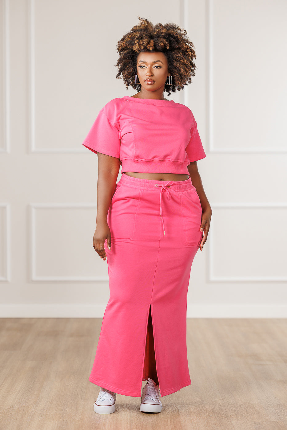 Ava French Terry Front Slit Skirt - Deep Pink
