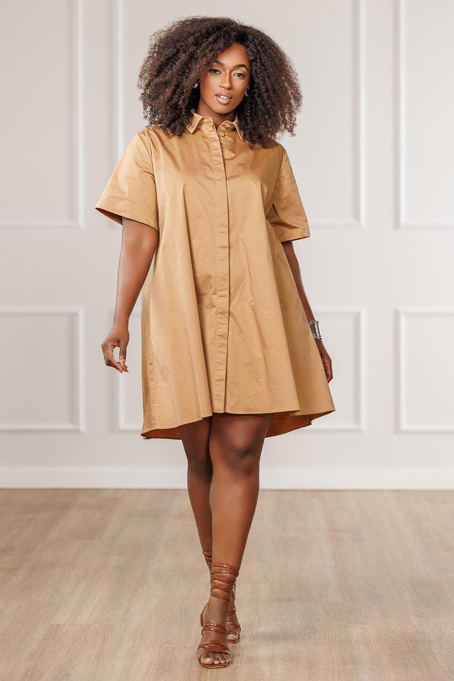 Reva Flared Shirt Dress - Khaki
