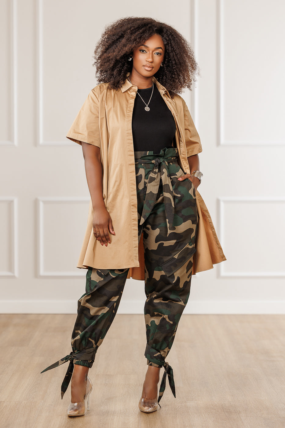 Reva Flared Shirt Dress - Khaki