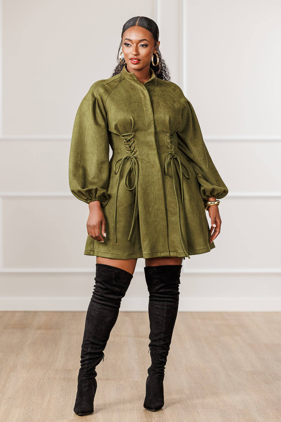 Natalie Lace-Up Mini Dress - Olive