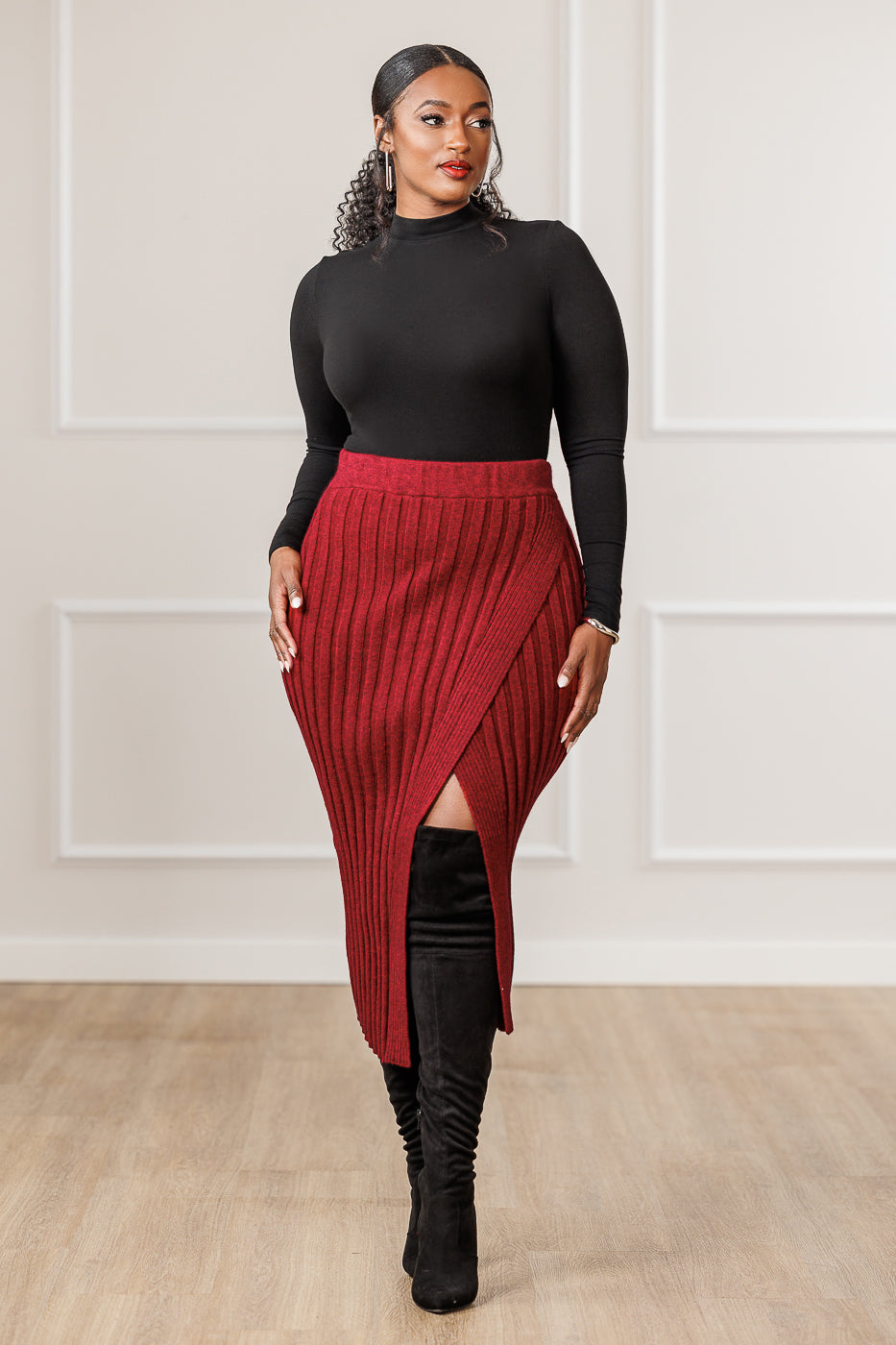 Nicole Sweater Knit Pencil Skirt - Red