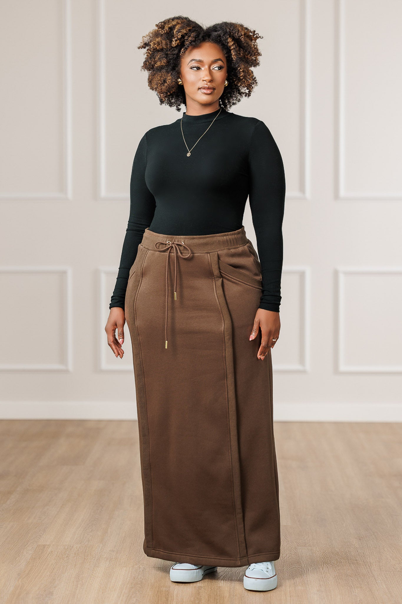 Carmella Fleece Ribbed Seams Skirt - Mocha