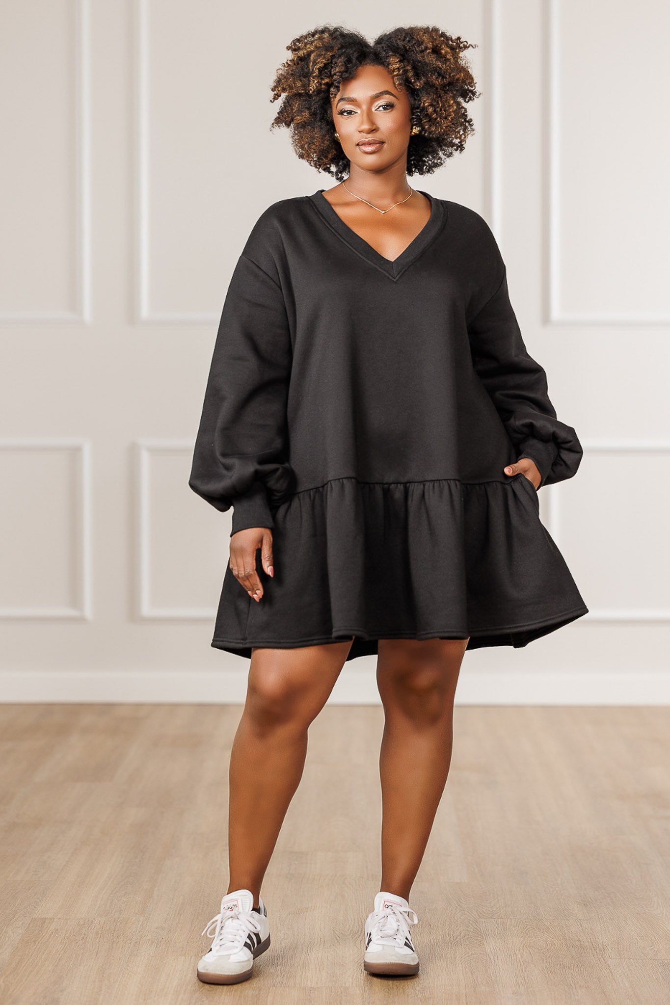 Nina Fleece Ruffle Hem Dress - Black