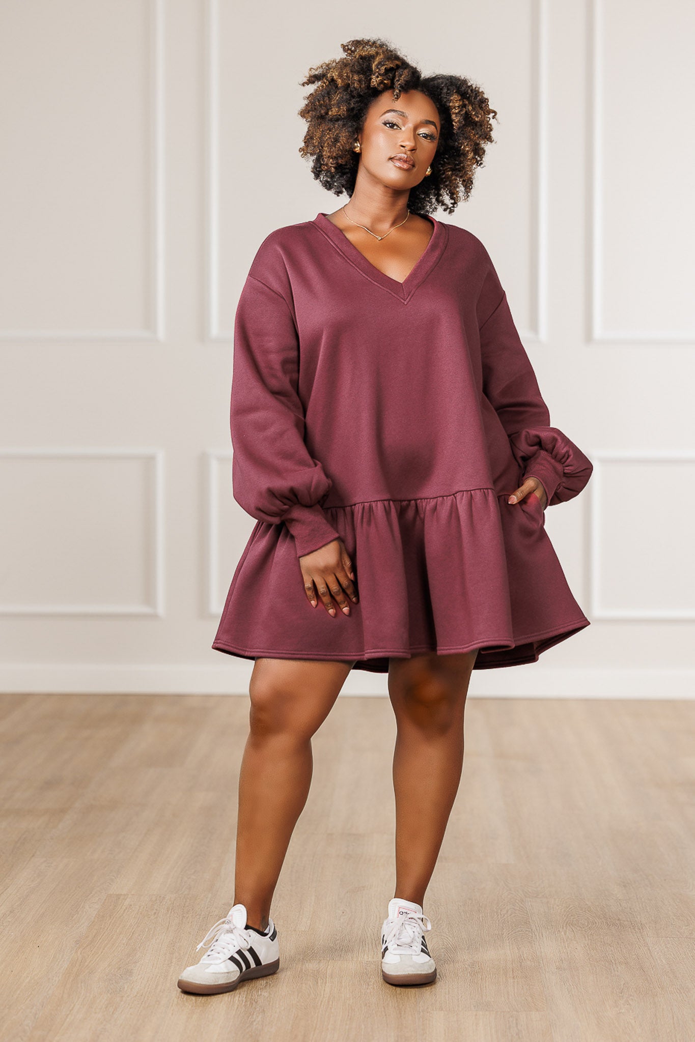 Nina Fleece Ruffle Hem Dress - Maroon