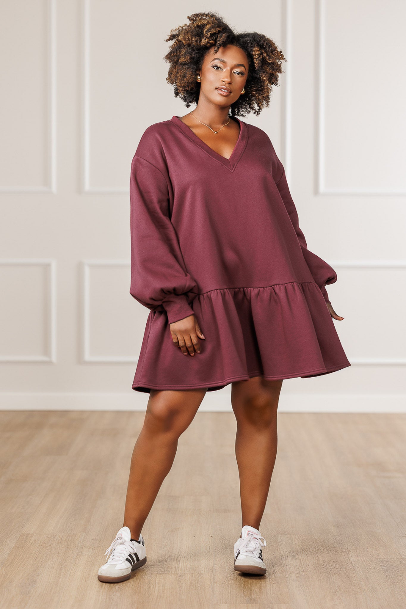 Nina Fleece Ruffle Hem Dress - Maroon