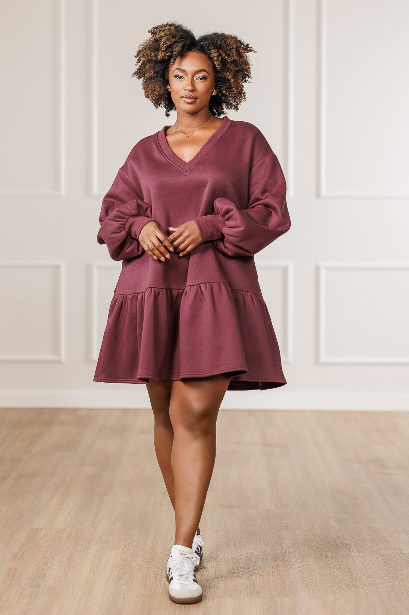 Nina Fleece Ruffle Hem Dress - Maroon