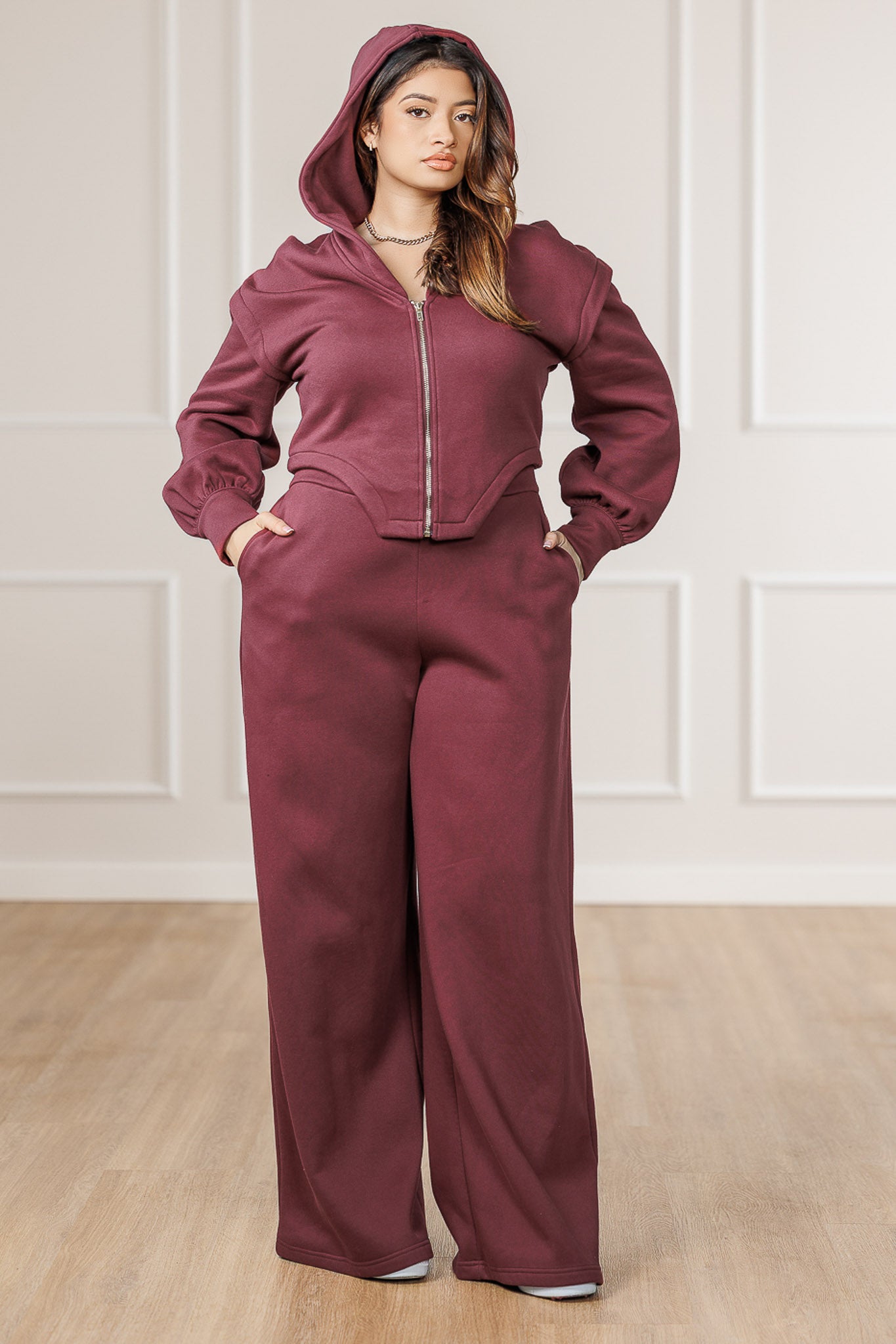 Nolan Fleece Tulip Waistband Pants - Maroon