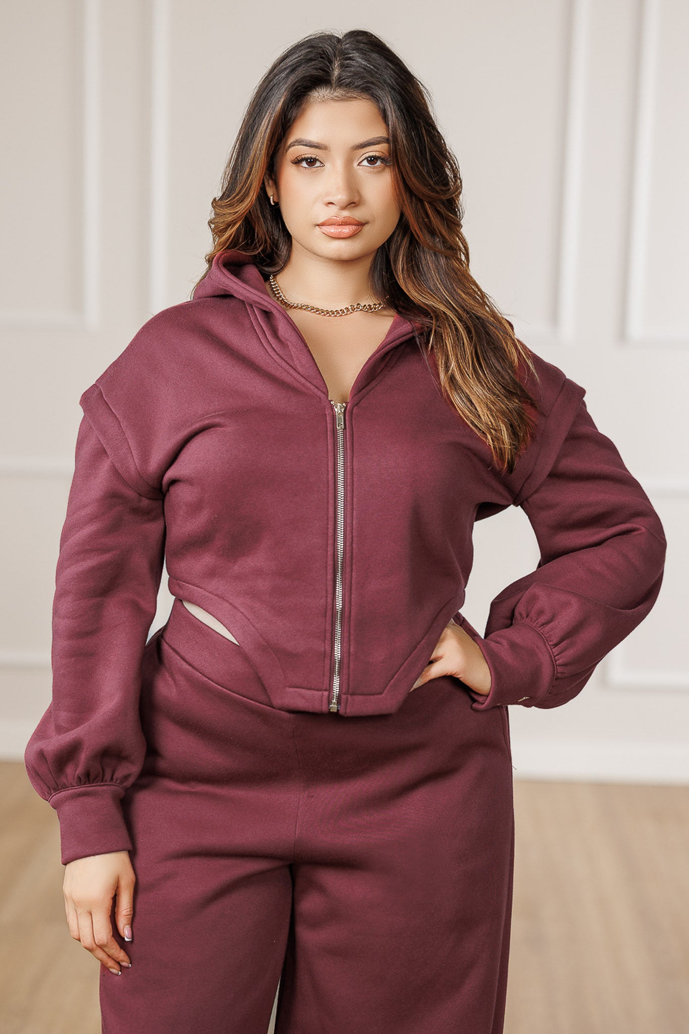 Maya Fleece Asymmetric Hooded Jacket - Maroon