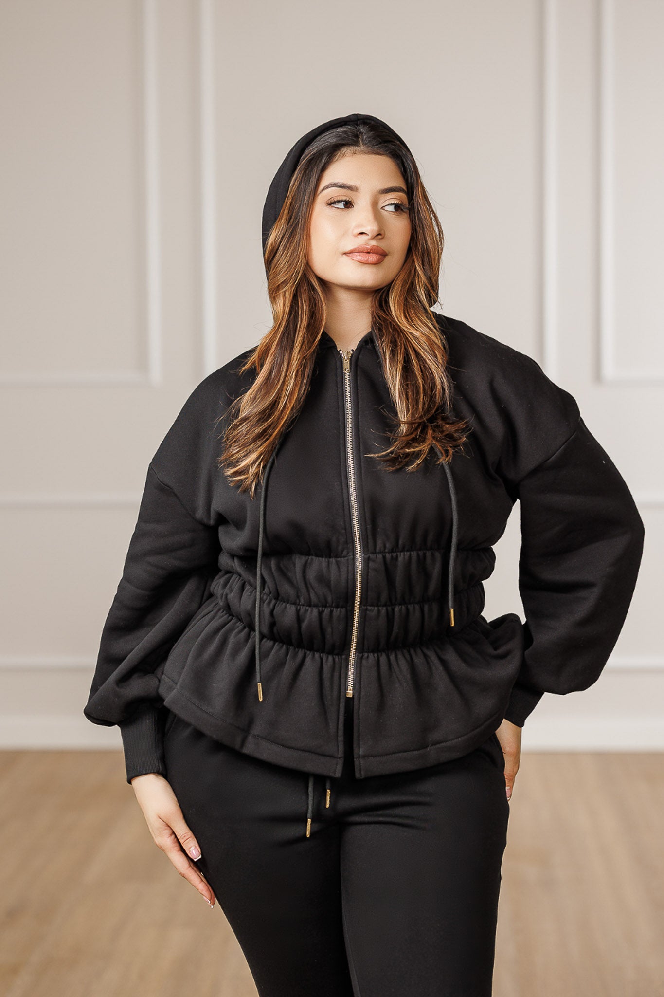 Sabrina Fleece Smocked Hooded Jacket