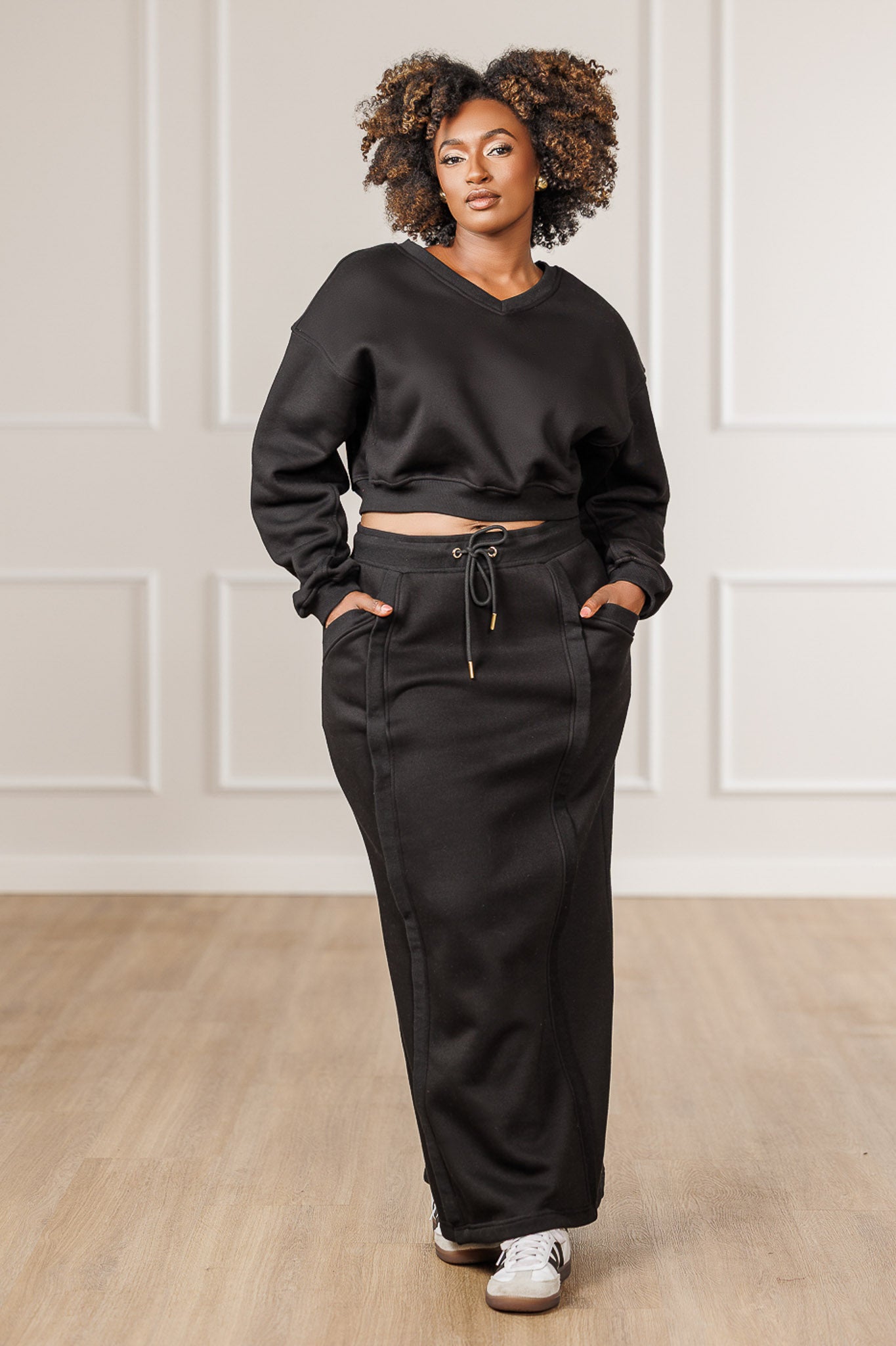 Carmella Fleece Ribbed Seams Skirt - Black