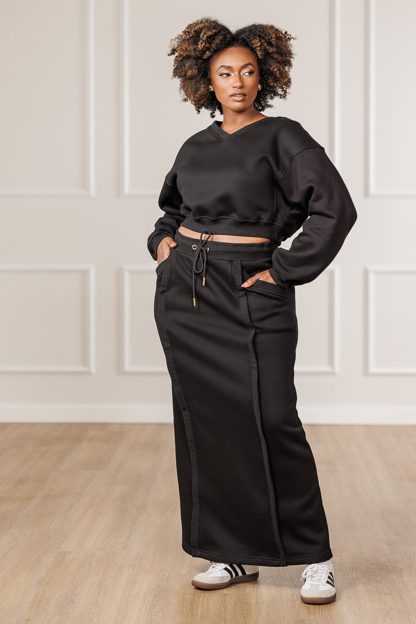 Carmella Fleece Ribbed Seams Skirt - Black