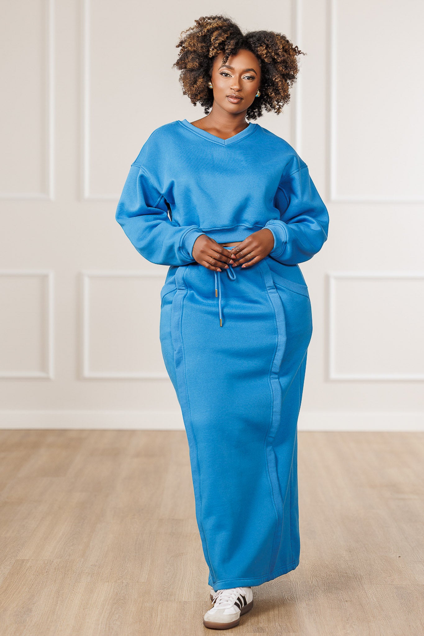 Carmella Fleece Ribbed Seams Skirt - Blue