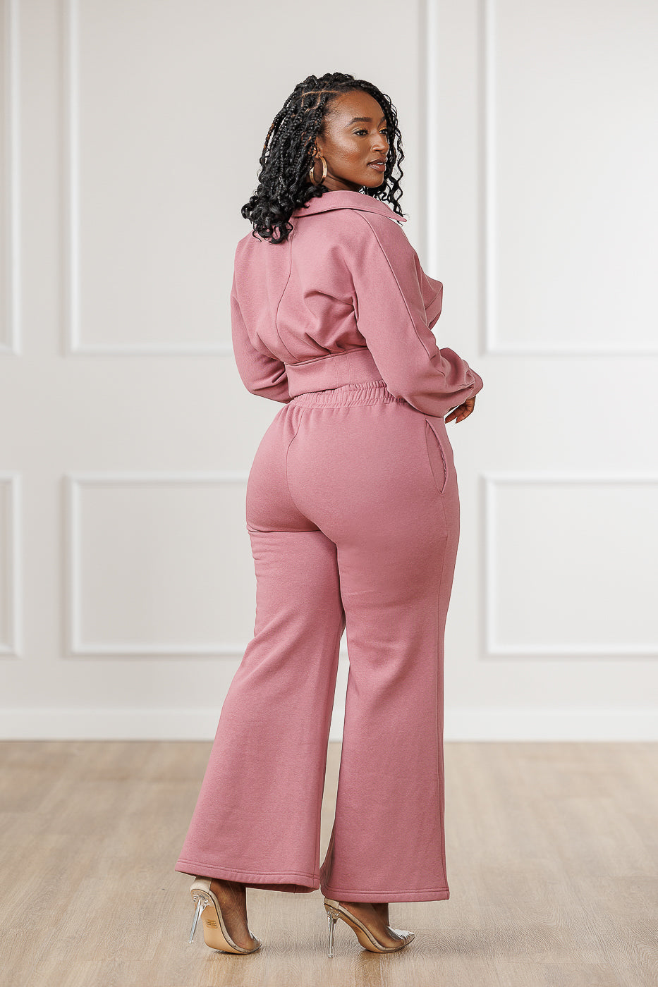 FINAL SALE - Quinnley Fleece Seamed Flare Pants - Old Rose
