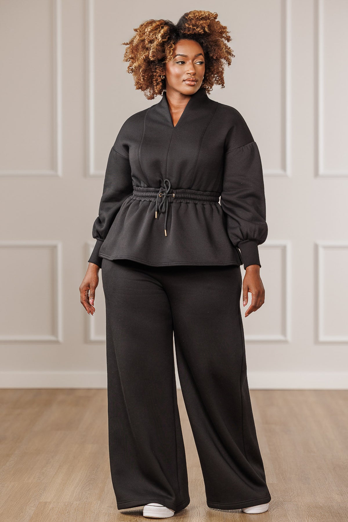 Nolan Fleece Tulip Waistband Pants - Black
