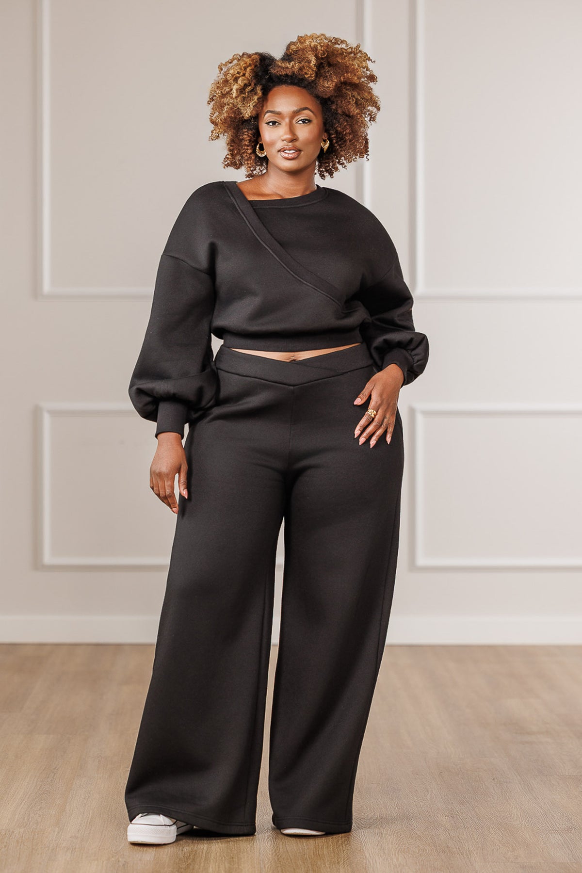 Nolan Fleece Tulip Waistband Pants - Black