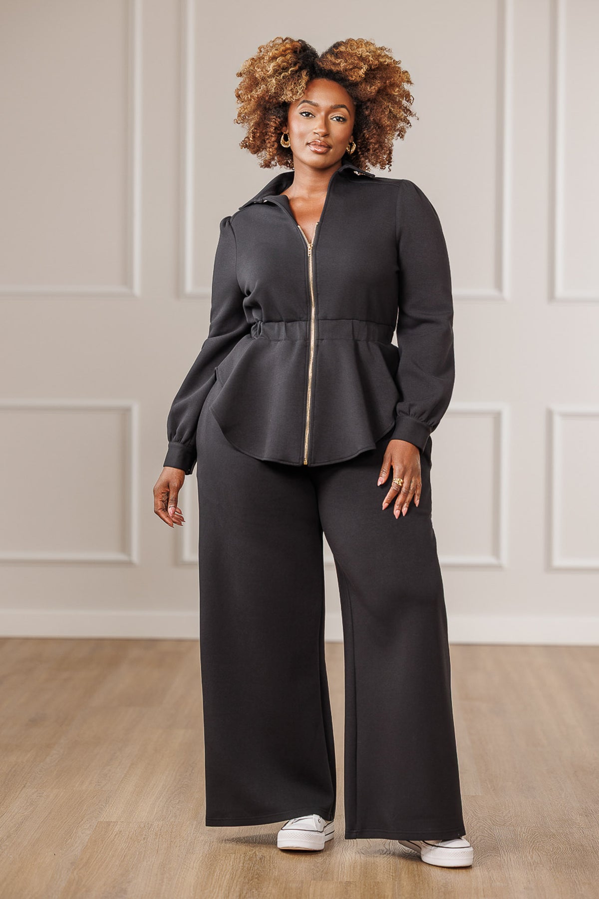 Kezia Zip Up High-Low Peplum Top - Black