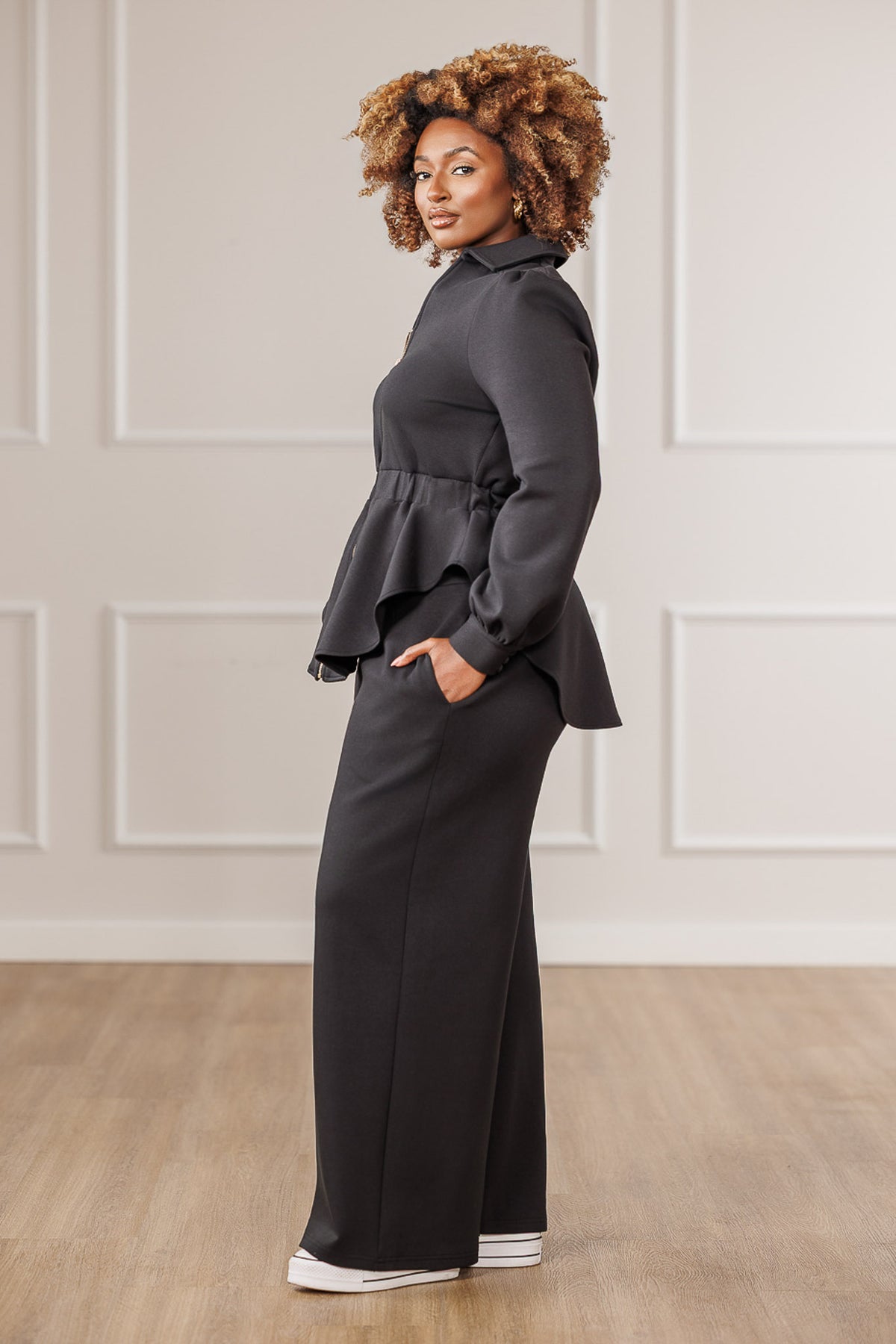 Kezia Zip Up High-Low Peplum Top - Black