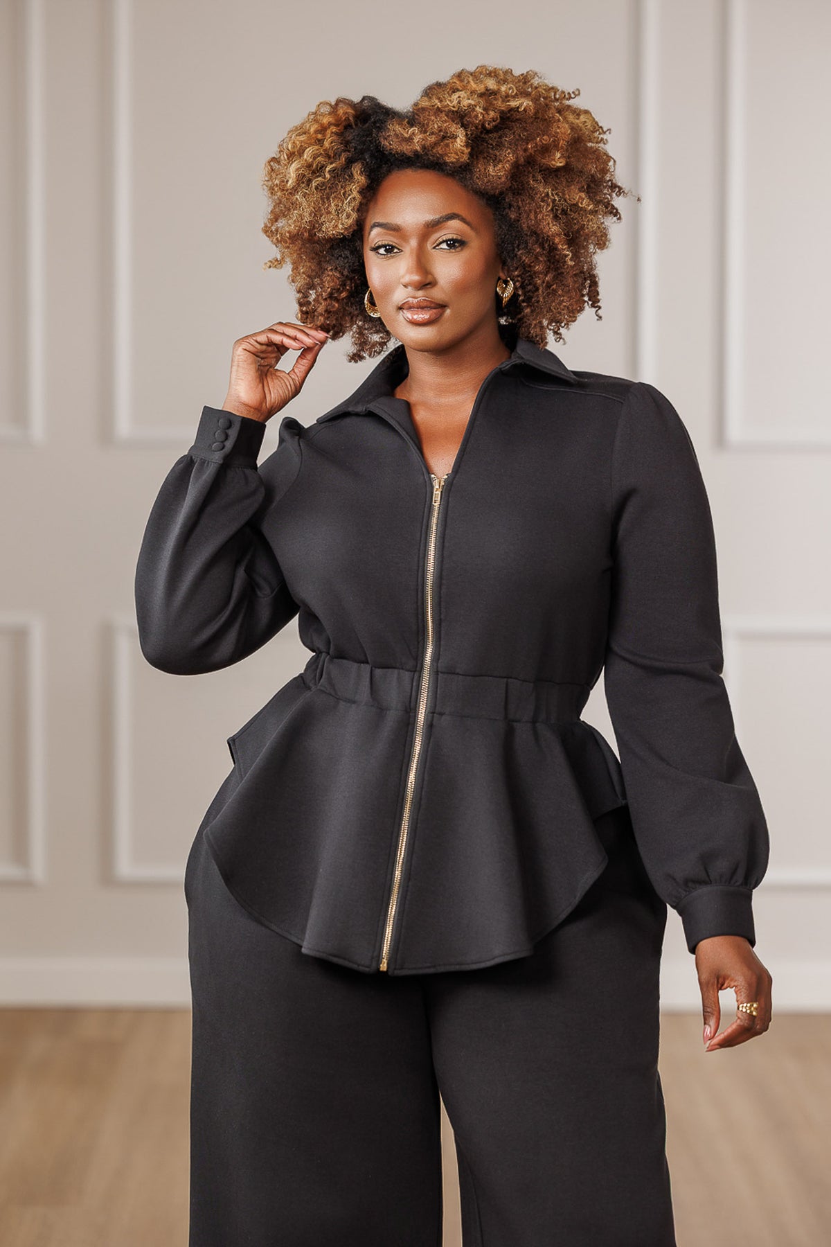 Kezia Zip Up High-Low Peplum Top - Black