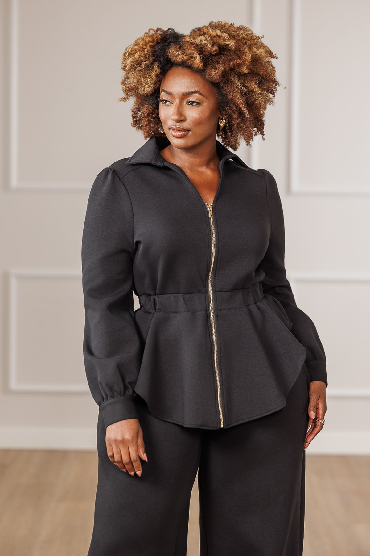 Kezia Zip Up High-Low Peplum Top - Black
