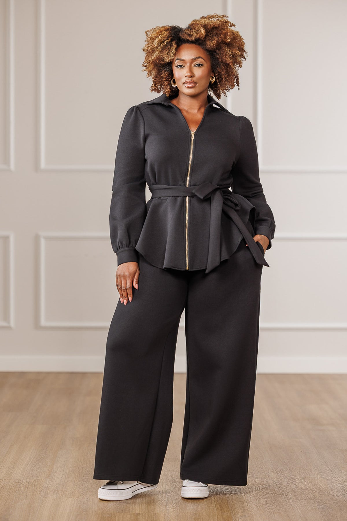 Kezia Zip Up High-Low Peplum Top - Black
