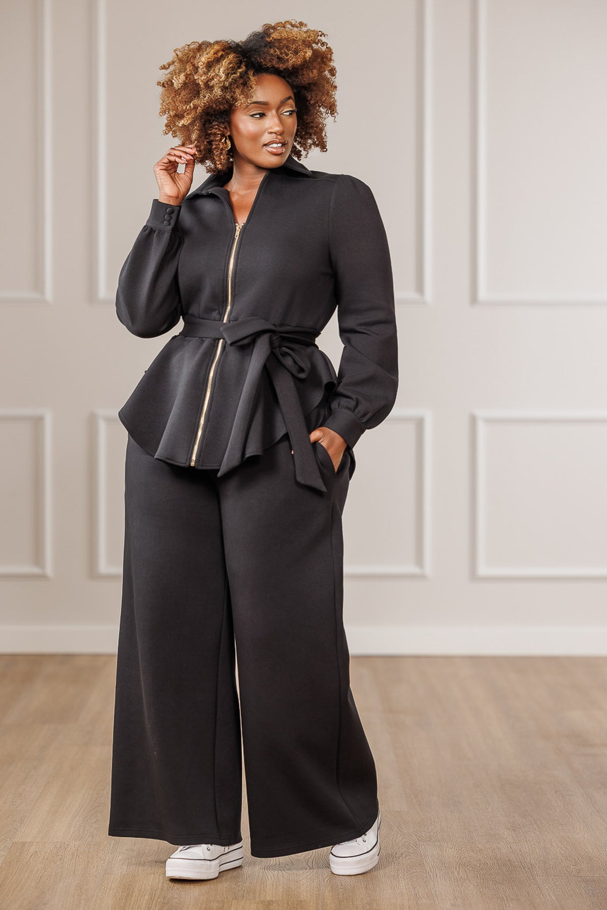 Kezia Zip Up High-Low Peplum Top - Black