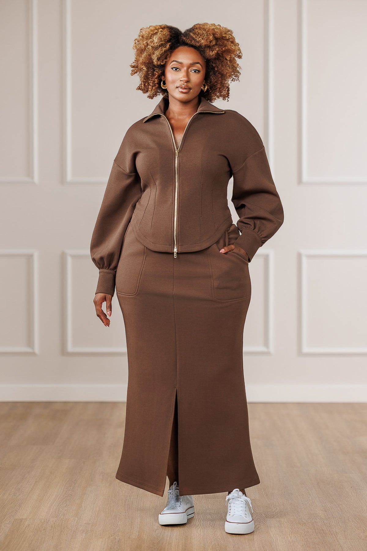 Ava Front Slit Maxi Skirt - Brown