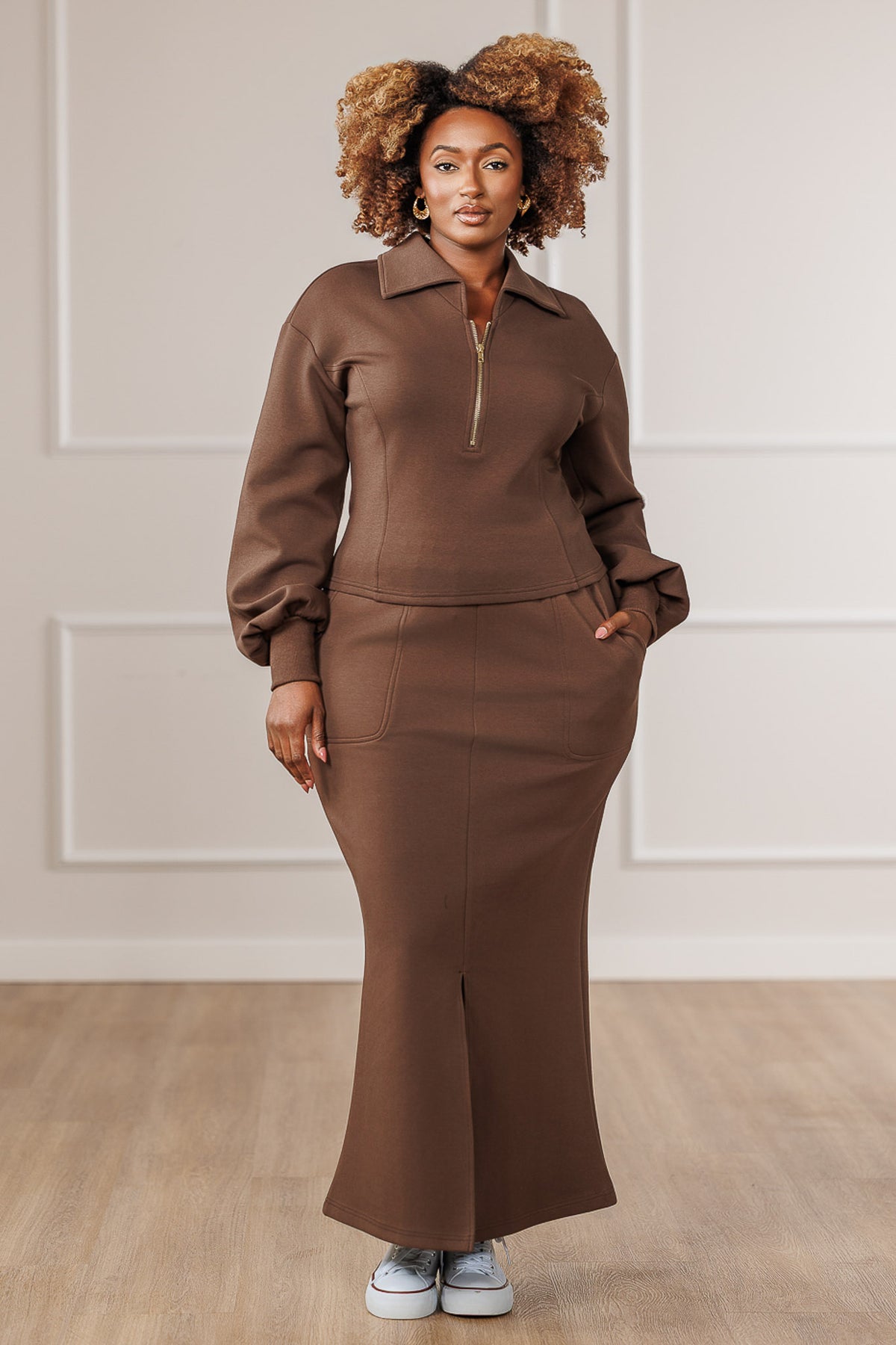 Ava Front Slit Maxi Skirt - Brown