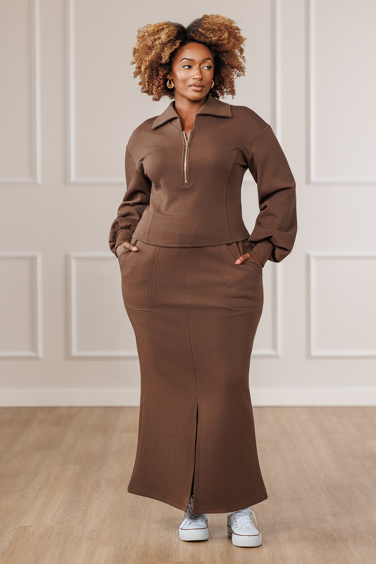 Ava Front Slit Maxi Skirt - Brown
