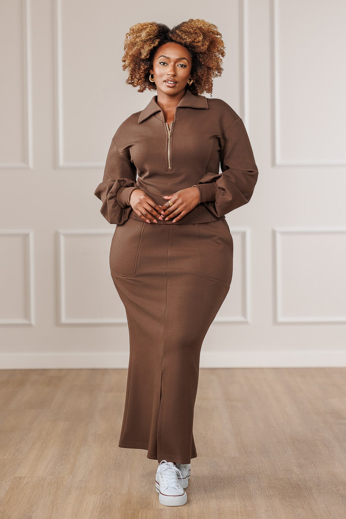 Cleo Half Zip Top - Brown