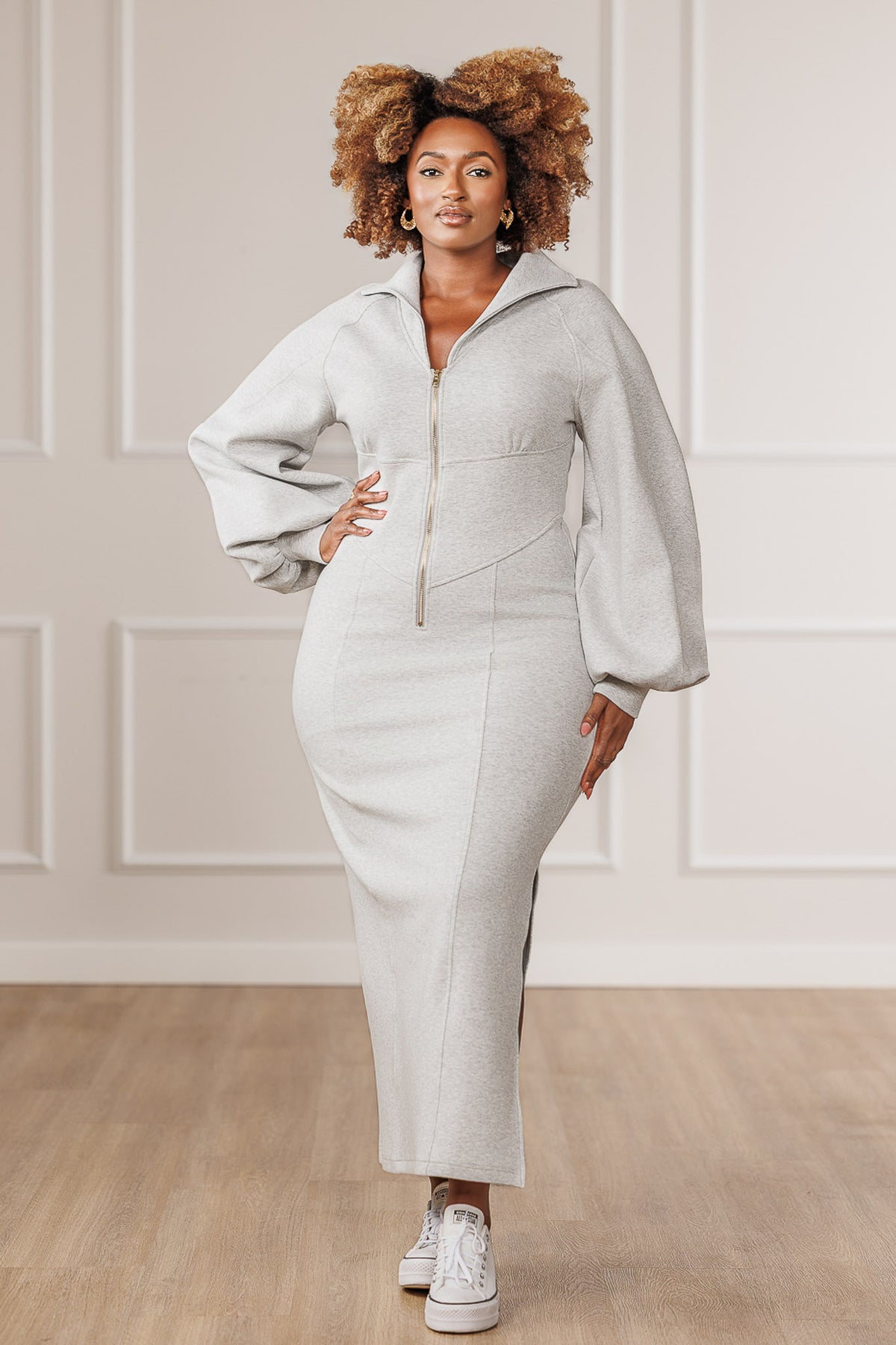 Scottie Front Zip Side Slit Dress - Heather Grey