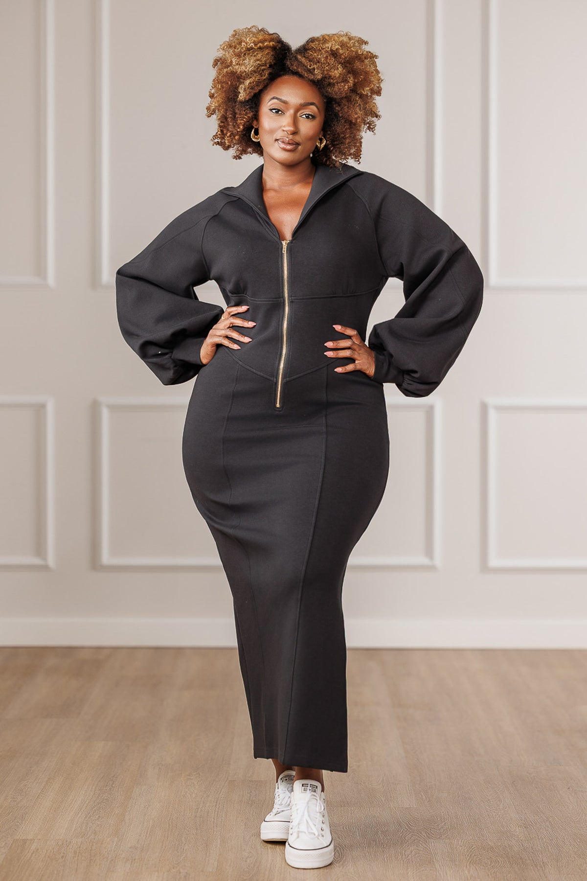 Scottie Front Zip Side Slit Dress - Black