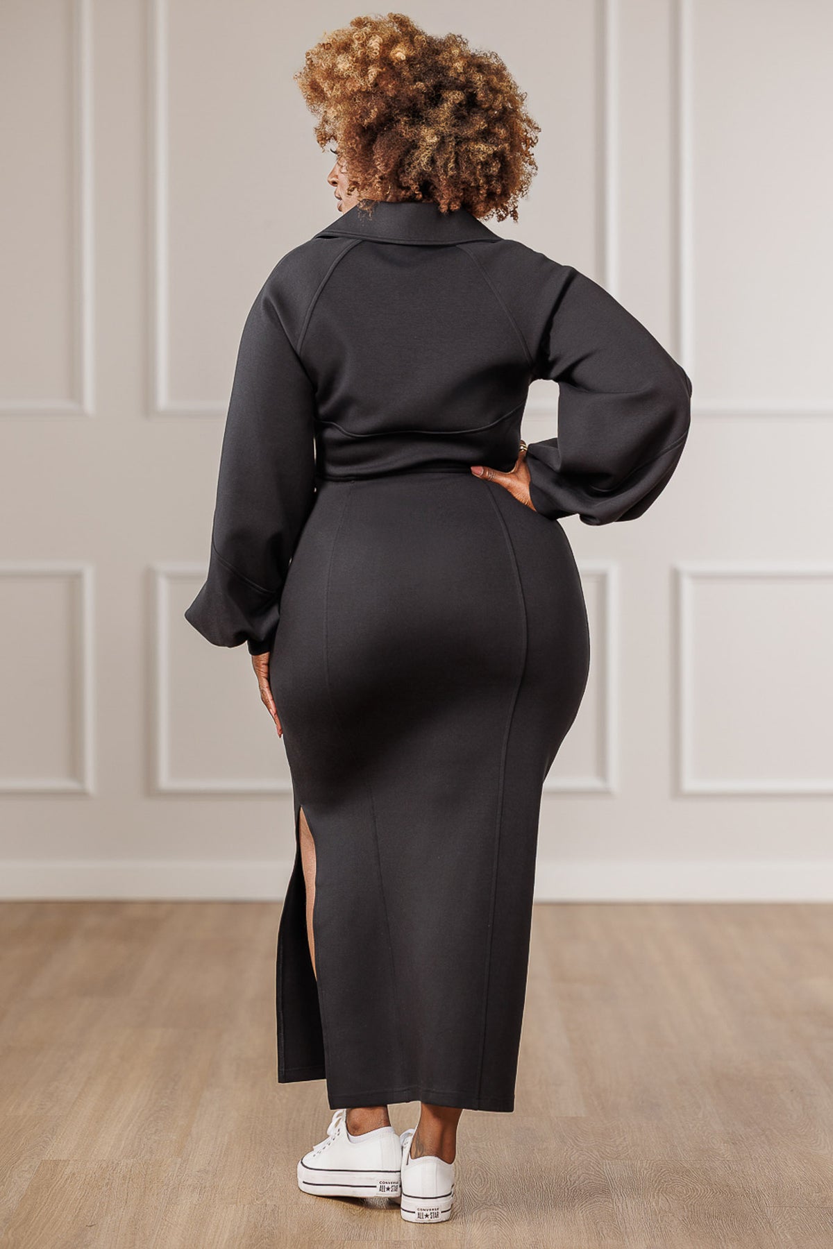 Scottie Front Zip Side Slit Dress - Black