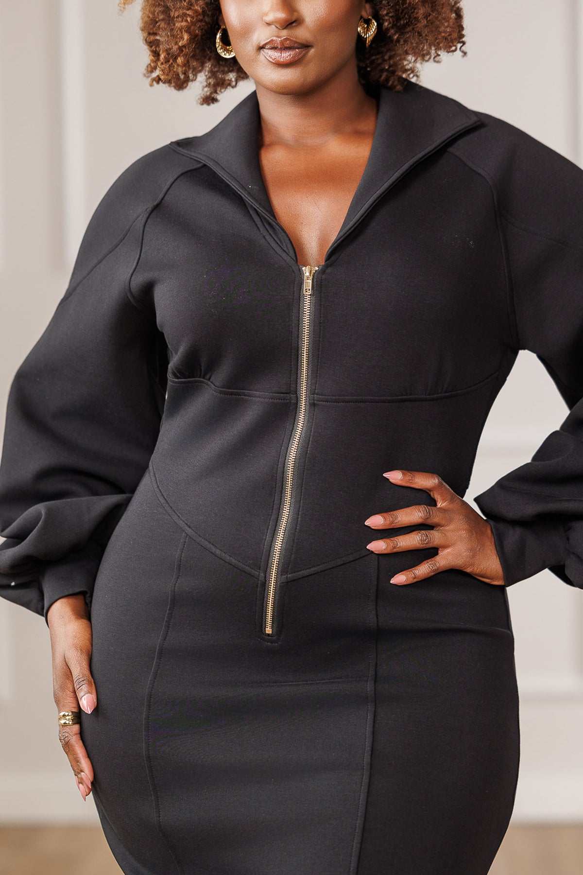 Scottie Front Zip Side Slit Dress - Black