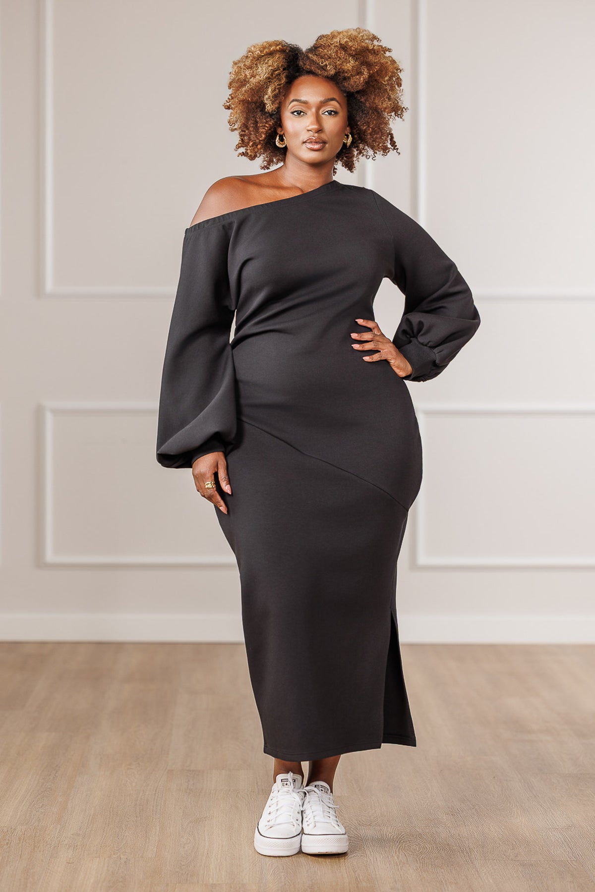 Randi Off-Shoulder Side Slit Dress - Black