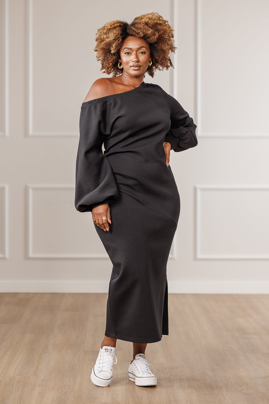 Randi Off-Shoulder Side Slit Dress - Black