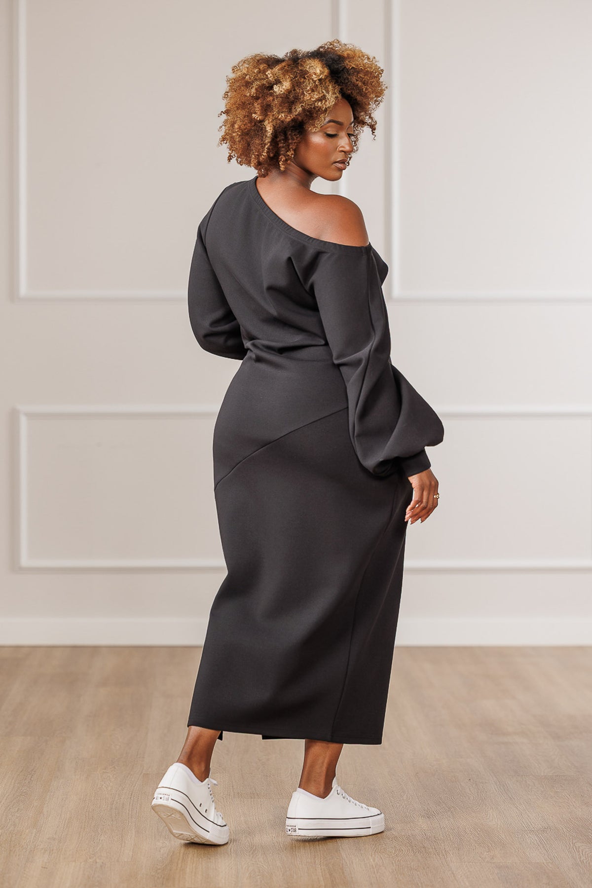 Randi Off-Shoulder Side Slit Dress - Black