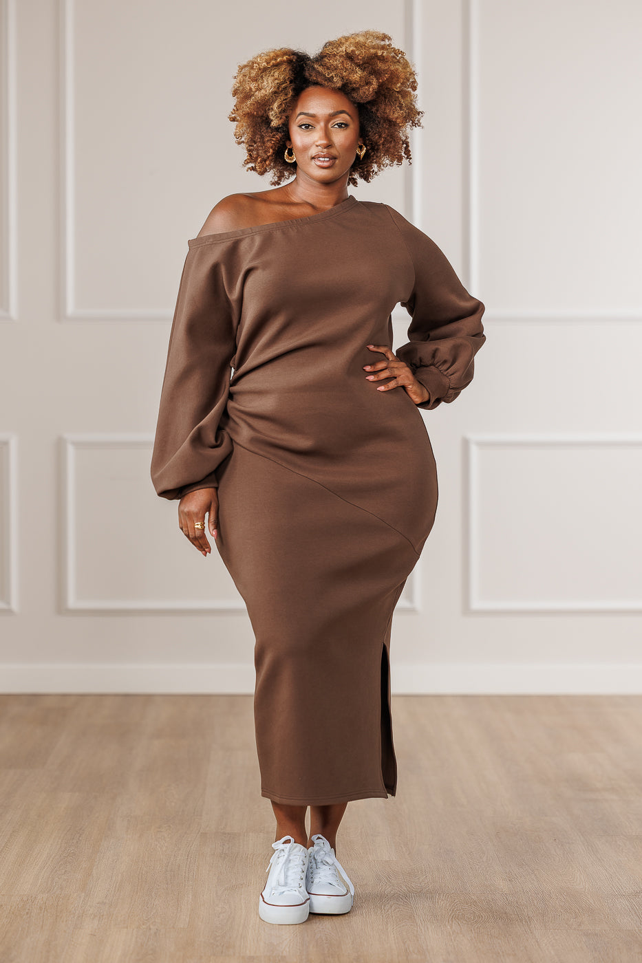 Randi Off-Shoulder Side Slit Dress - Brown