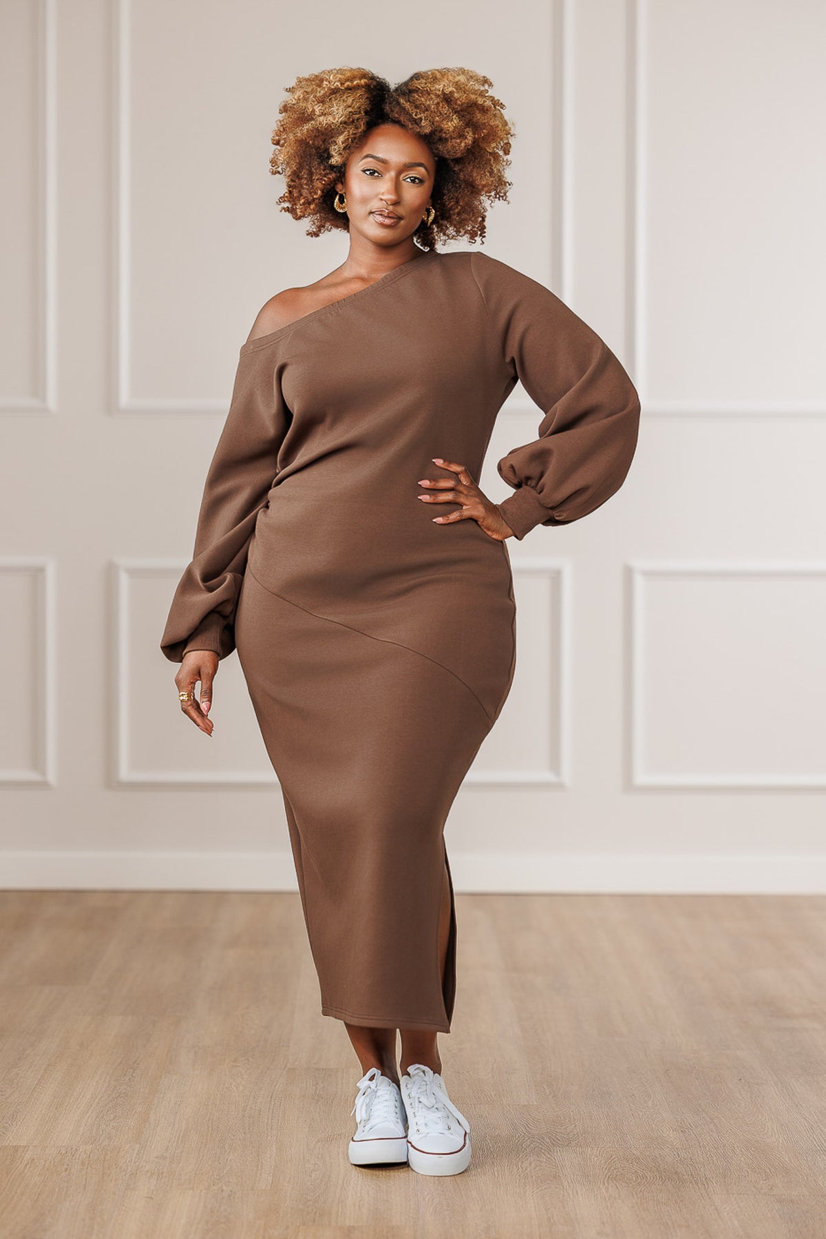 Randi Off-Shoulder Side Slit Dress - Brown