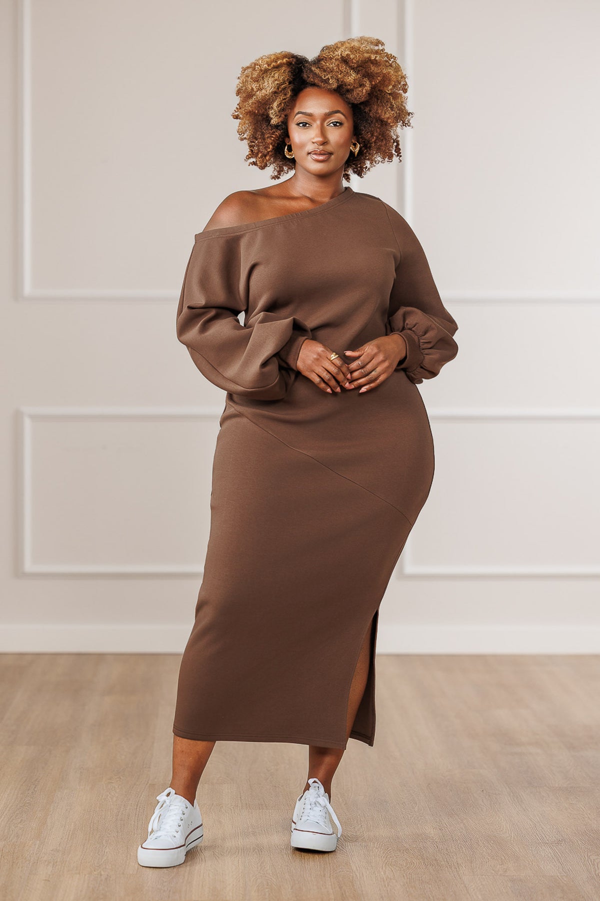 Randi Off-Shoulder Side Slit Dress - Brown