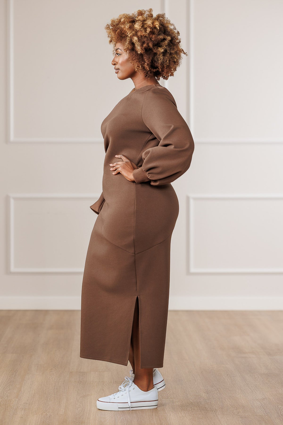 Randi Off-Shoulder Side Slit Dress - Brown