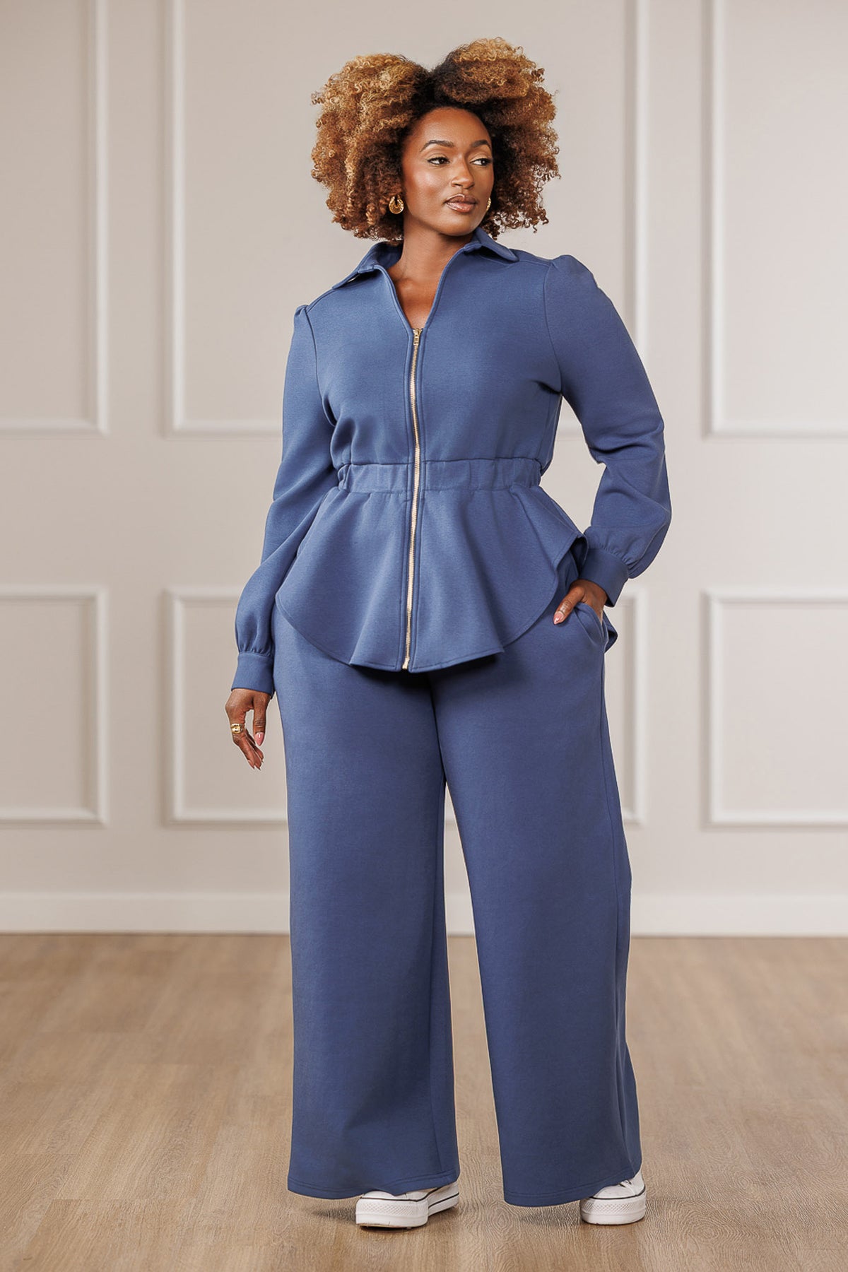 Kezia Zip Up High-Low Peplum Top - Blue