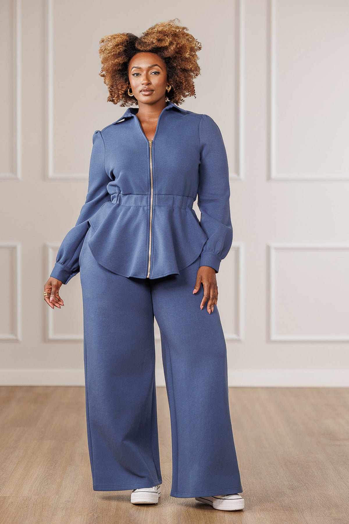Kezia Zip Up High-Low Peplum Top - Blue